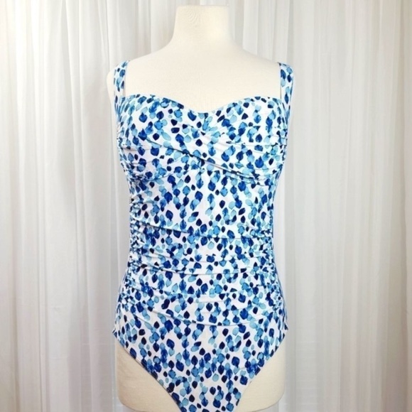 Niptuck Petal Plunge Joanne Twist Front Tummy Control Swimsuit blue white size 4 - Picture 2 of 9